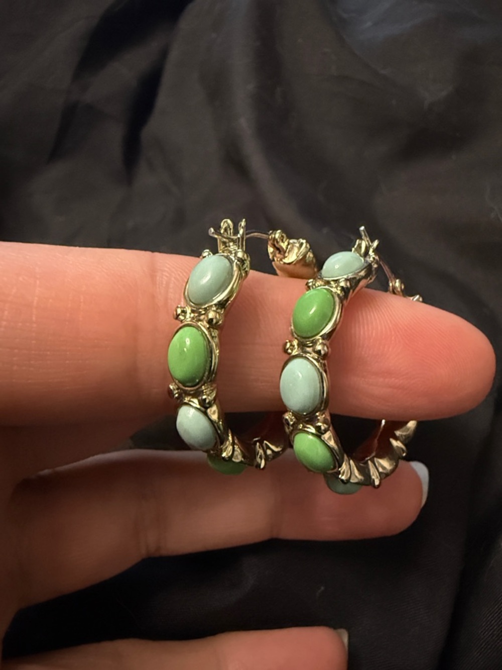 Gold Hoop Earrings with Green and Mint Cabochons - Women Jewelry
